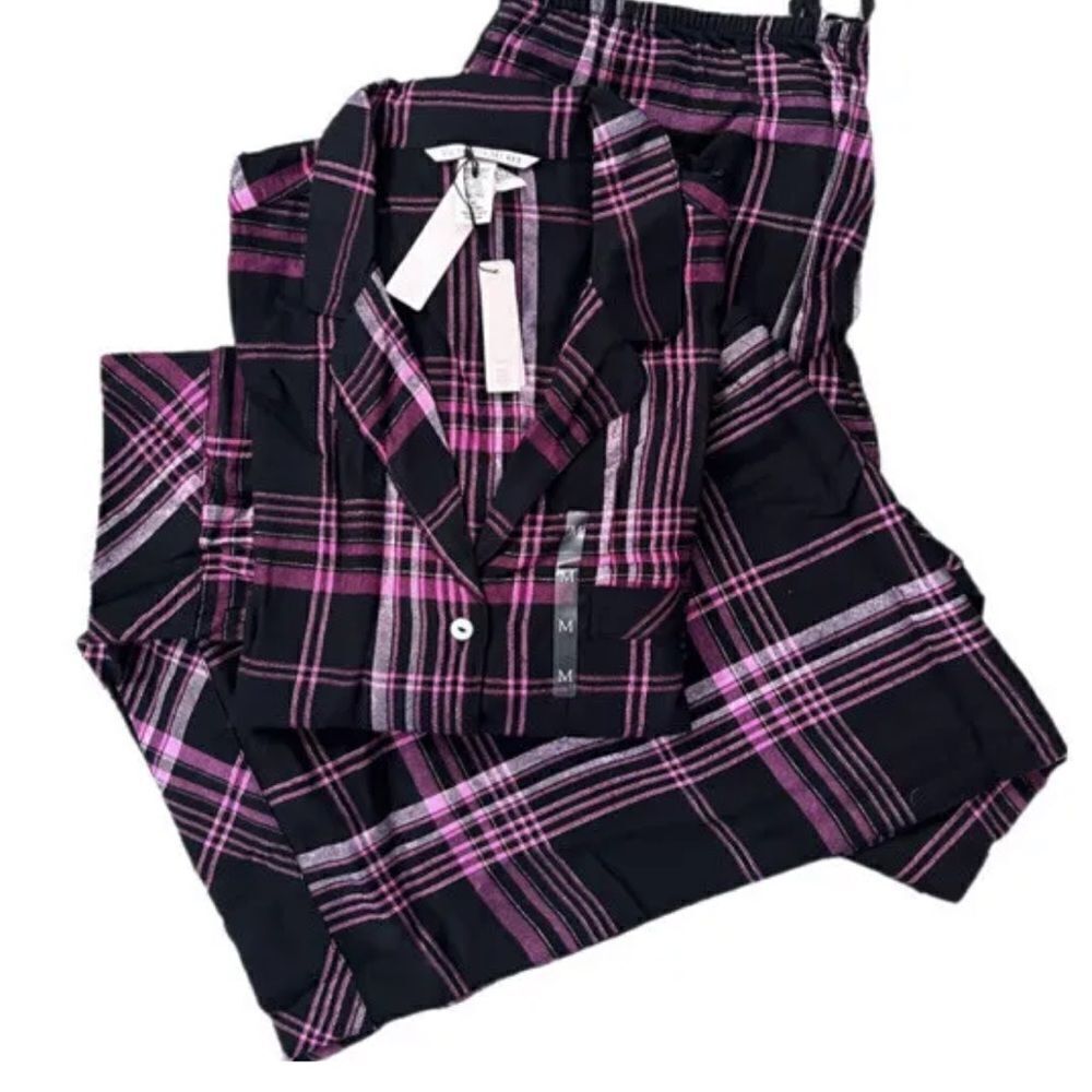 Victoria’s Secret Shimmer Cotton Flannel long sleeve pajama set Black Pink Plaid